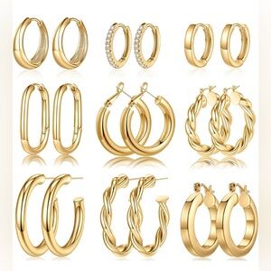 NWT 9 Pairs Gold Hoop Earrings, 925 Sterling Silver Post 14K Real Gold Plated